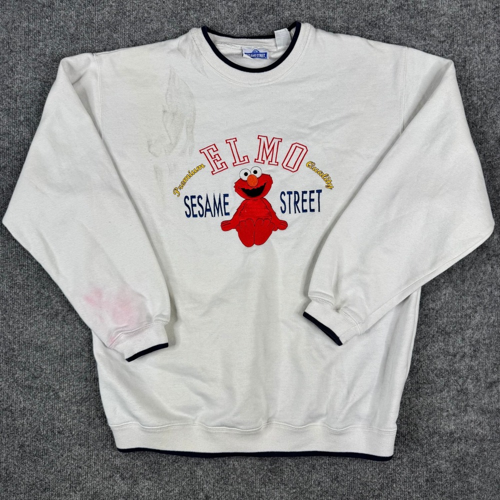 Sesame Street Sweatshirt Mens Size L White Elmo Graphic Navy Trim Stained Casual